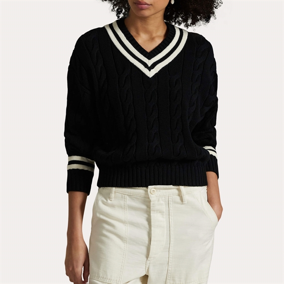 Polo Ralph Lauren Aran-Knit Cotton Cricket Jumper, Polo Black/Cream